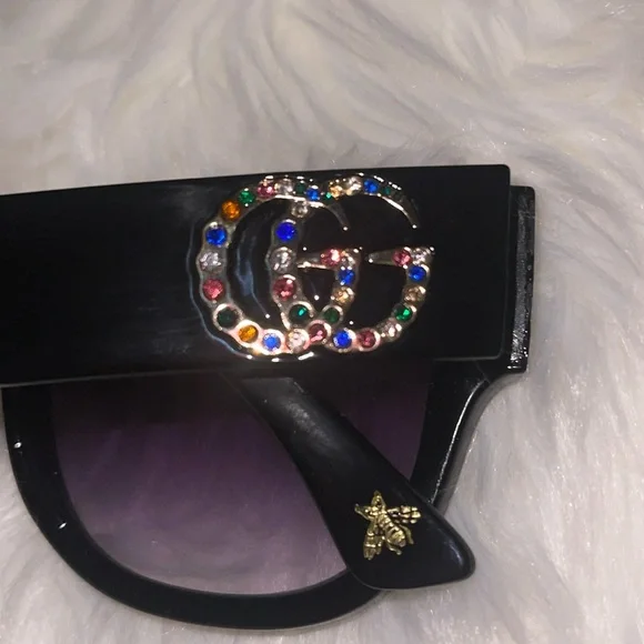 Black Semi Cat Eye Sunglasses with Purple Lenses - Rhinestones & Gold Emblems - Picture 9 of 10